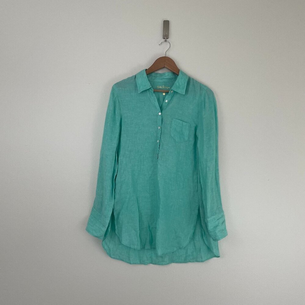 Lilly Pulitzer Deanna Green Linen Collared Popover Tunic Top Size 4